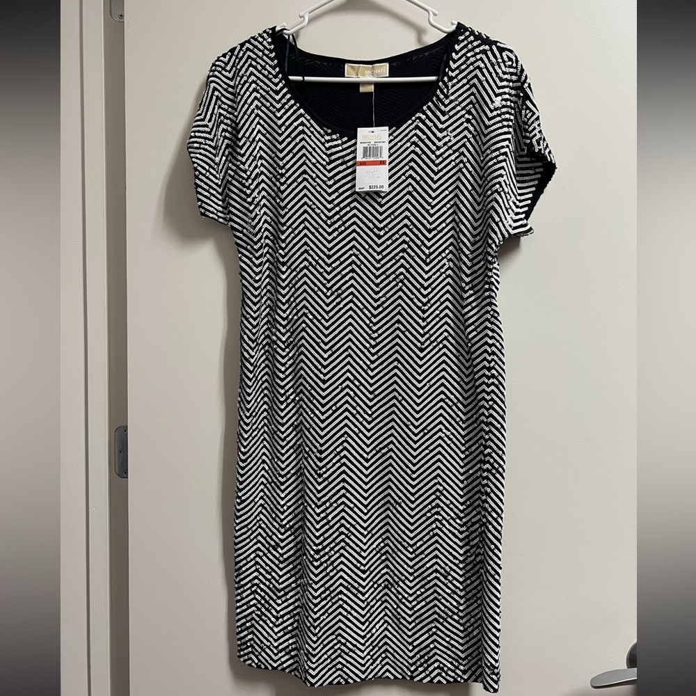 Michael Michael Kors Sequined Herringbone Dress Black and White Size Small